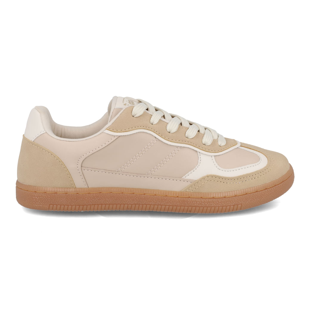 Tênis casual feminino bege com detalhes em crepe sintético visto de frente